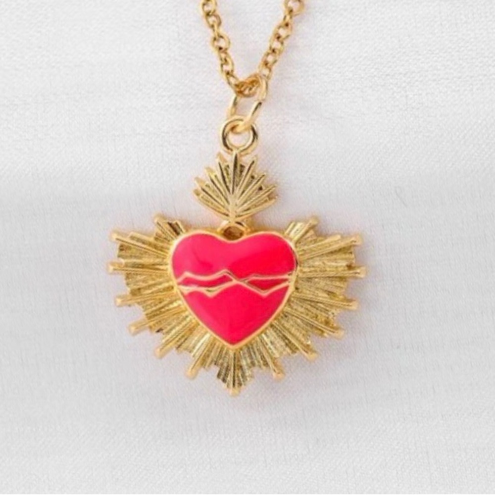 Hot Pink Sacred Heart Crown of Thorns Fiery Radiant Jesus Mary Catholic Necklace